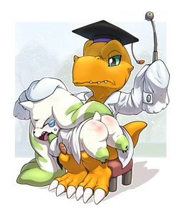 anthro blush bodily_fluids butt butt_slap clothing coat crying duo lab_coat long_ears male red_butt slap spank_marks spanking tears topwear young lkiws bandai_namco digimon agumon agumon_expert digimon_(species) terriermon terriermon_assistant hi_res