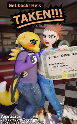 anthro bdsm blush bottomwear breasts clothed clothing collar detailed_background dialogue diner dominant dominant_female duo female fingers furniture hair holding_object human_on_anthro inside interspecies leash leashed_male looking_at_viewer male male/female open_mouth ownership public restaurant smile speech_bubble standing submissive submissive_male tail talking_to_viewer text topwear white_body bacn bandai_namco digimon renamon_(bacn) rika_nonaka canid canine digimon_(species) fox human mammal renamon 2025 3d_(artwork) 5:8 absurd_res blender_(artwork) blender_cycles_(artwork) digital_media_(artwork) english_text hi_res