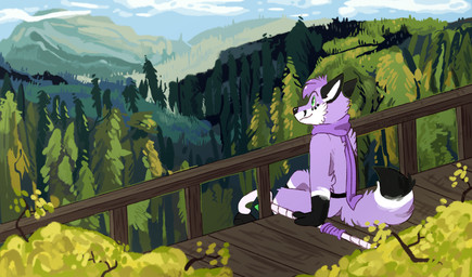 anthro black_ears black_feet black_hands black_nose black_tail_tip branch bridge cloud detailed_background dipstick_tail ears_back feet fluffy fluffy_tail forest fur gloves_(marking) green_eyes high_place hill landscape looking_forward looking_up male markings monotone_scarf mostly_nude mountain multicolored_body multicolored_fur multicolored_tail outside pivoted_ears plant purple_body purple_fur purple_scarf railing scarf scarf_only sitting sky smile solo staff tail tail_markings tree white_inner_ear crownedvictory canid canine fox mammal 2020 digital_media_(artwork) hi_res