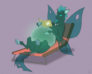 beach_chair book fangs female feral fetus half-closed_eyes holding_book holding_object hole_(anatomy) hooves lying mouth_closed narrowed_eyes nude on_back pregnant pregnant_female solo tail teeth text translucent translucent_belly wings convexpert friendship_is_magic hasbro my_little_pony fan_character arthropod changeling_(mlp) equid equine horse hybrid insect mammal 2025 hi_res signature