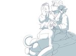 anthro book duo eyewear female glasses human_on_anthro interspecies male petting reading simple_background slightly_chubby mcdkmoon lifewonders live_a_hero cat_operator protagonist_(live_a_hero) subaru_nobeyama domestic_cat felid feline felis human mammal 4:3