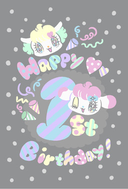 accessory alternative_fashion ambiguous_gender bangs big_eyes bow_ribbon chibi duo eyelashes fairy_kei glistening glistening_eyes hair hair_accessory j-fashion kemono markings on_model text tuft white_body yurie_sekiya peropero_sparkles cune_(peropero_sparkles) rue_(peropero_sparkles) domestic_cat felid feline felis lagomorph leporid mammal rabbit digital_drawing_(artwork) digital_media_(artwork) hi_res official_art pastel_theme