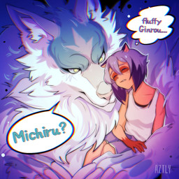 anthro blue_body blue_fur blue_hair bottomwear brown_body brown_fur clothed clothing duo ellipsis eyes_closed facial_markings female feral fur hair head_markings male markings mask_(marking) question_mark shirt shorts sleeping speech_bubble tank_top text topwear venretteart brand_new_animal studio_trigger michiru_kagemori shirou_ogami canid canine canis mammal raccoon_dog tanuki wolf 1:1 2020 english_text