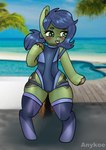 beach blue_hair blush clothing cutie_mark embarrassed female feral footwear green_body green_eyes green_skin grey_clothing grey_hat grey_headwear hair hat headgear headwear heart_eyes heart_symbol palm_tree plant pool smile socks solo sport_swimsuit swimwear tongue tongue_out tree anykoe hasbro my_little_pony fan_character earth_pony equid equine horse mammal pony signature