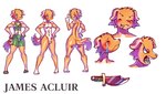 anthro blush butt cloth clothing femboy genitals green_clothing knife looking_back male orange_body penis smile solo tight_clothing white_body wide_hips devilturtle james_acluir canid canine canis domestic_dog mammal 2021 hi_res model_sheet