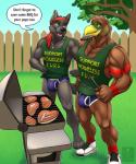 2015 5:6 abs absurd_res anthro athletic avian barbecue beak biceps big_muscles bird black_body black_fur black_nose blue_eyes briefs brown_body bulge canid canine canis clothed clothing digital_media_(artwork) duo english_text falcon falconid fangs feathers footwear fur green_eyes headkerchief hi_res hyperfalcon jewelry kerchief lupine_assassin male mammal muscular necklace necktie open_mouth pecs shirt shoes smile standing tank_top teeth text tongue topwear underwear vallhound wolf