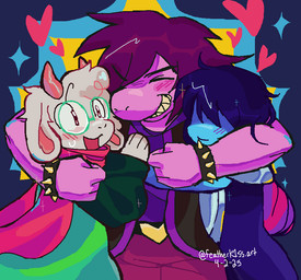 anthro blush bracelet clothed clothed_anthro clothing eyewear female glasses group happy heart_symbol horn hug jewelry male obscured_eyes pink_horn scarf sharp_teeth smile spiked_bracelet spikes teeth trio gaypassionfruit deltarune undertale_(series) kris_dreemurr ralsei susie_(deltarune) bovid caprine darkner goat human mammal scalie 2025