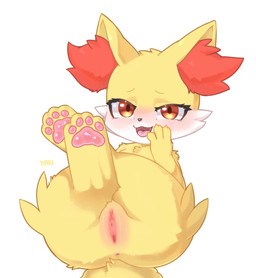 anus blush blush_lines clitoral_hood clitoris digitigrade eyelashes female feral genitals inner_ear_fluff looking_at_viewer lying mesugaki nude on_back pawpads paws presenting presenting_vulva red_eyes semi-anthro simple_background smile solo tail teeth text thick_thighs tongue tuft vaginal vulva yellow_body ttaki nintendo pokemon canid canine fennekin generation_6_pokemon mammal pokemon_(species) hi_res