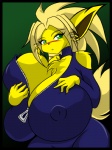 anthro big_breasts blonde_hair bodysuit breasts cleavage clothed clothing female fur green_eyes hair huge_breasts pokemorph skinsuit solo tail tight_clothing unzipped yellow_body yellow_fur zipper mastergodai nintendo pokemon fan_character jolty eeveelution generation_1_pokemon jolteon pokemon_(species) 3:4