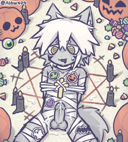 balls bandage bodily_fluids bound candle candy cum cum_on_leg cumshot dessert ejaculation erection fluffy fluffy_tail food fruit genital_fluids genitals grey_body hair holidays hypnosis looking_pleasured magic magic_circle male mind_control penis plant pumpkin sex slim_male solo tail white_hair young young_male alew404 halloween alew mammal monster