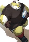 anthro belly big_belly bottomwear clothing kemono male overweight overweight_male rugby rugby_ball rugby_uniform shirt shorts simple_background solo topwear noctnoc canid canine canis domestic_dog mammal 2023 absurd_res hi_res