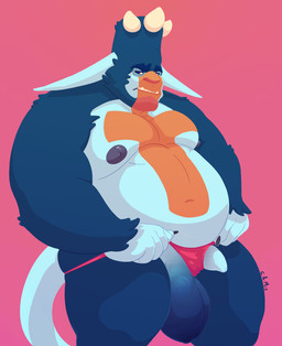 balls belly big_balls big_belly blue_body blue_fur blue_sclera bottomwear clothed clothing flaccid foreskin fur genitals humanoid_genitalia humanoid_penis humanoid_pointy_ears male markings navel nipples no_pupils obese obese_humanoid obese_male overweight overweight_humanoid overweight_male penis pink_background pink_bottomwear pink_clothing pointy_ears red_markings simple_background solo standing topless yellow_eyes chocolateandmilk humanoid 2018 dated hi_res signature