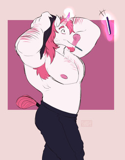 anthro arm_hair armpit_hair bloom body_hair bottomwear cellphone chest_hair clothed clothing electronics eye_bags facial_hair hair horn levitation magic male muscular muscular_anthro muscular_male nipples pants phone pink_hair simple_background smartphone solo topless flufflecraft mythology equid equine mammal mythological_creature mythological_equine unicorn 2020 absurd_res hi_res