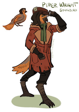 anthro avian_feet beak brown_beak brown_body brown_feathers brown_hair clothed clothing feathers female fully_clothed hair hat headgear headwear jacket long_hair multicolored_body newsboy_cap orange_body orange_feathers press_card reporter scarf simple_background solo standing text topwear wearing_hat white_background drvoidiguana fallout microsoft piper_wright_(fallout) songbird artist_name english_text