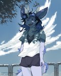 anthro bra branch clothing cloud femboy fur hat headgear headwear horn male multicolored_body multicolored_fur party_hat pixelated plant railing sky solo tree underwear wind mynameiscomic mythology nos_(mynameiscomic) dragon mythological_creature mythological_scalie scalie 4:5 hi_res