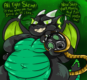 anthro belly black_body breasts dialogue featureless_breasts fire_from_nose gas_mask glowing glowing_eyes green_belly grin horn hose hose_in_butt mask navel non-mammal_breasts non-mammal_navel obese open_mouth overweight overweight_anthro scales smile talking_to_viewer teasing teasing_viewer ventral_scales squiddy62 mythology nahte_azufire dragon mythological_creature mythological_scalie scalie