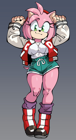 5_fingers :3 accessory alternate_costume alternate_form anthro big_breasts biped black_nose boots bottomwear breasts closed_smile clothed clothed_anthro clothed_female clothing countershade_face countershading eyelashes female female_anthro fingers footwear fully_clothed fully_clothed_anthro fully_clothed_female gradient_background green_eyes hair_accessory hairband jacket looking_at_viewer mouth_closed pink_body quill_hair red_hairband redesign shirt shoes short_tail shorts simple_background smile smiling_at_viewer solo tail thick_thighs topwear apsel_bluestar sega sonic_the_hedgehog_(series) amy_rose eulipotyphlan hedgehog mammal absurd_res full-length_portrait hi_res portrait
