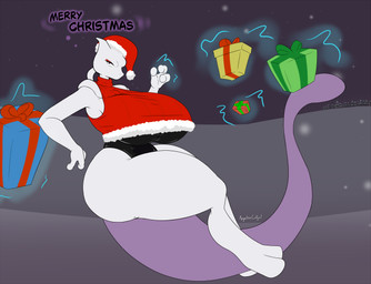 anthro big_breasts big_butt black_clothing black_leotard breasts butt christmas_clothing christmas_headwear clothing dialogue eyeshadow female gift hat headgear headwear holidays huge_breasts leotard makeup night outside plant psychic_powers purple_eyes purple_tail red_clothing red_eyeshadow red_hat red_headwear red_topwear santa_hat snow solo tail text thick_thighs topwear tree white_body angelthecatgirl christmas nintendo pokemon psy_(angelthecatgirl) generation_1_pokemon legendary_pokemon mewtwo pokemon_(species) 2025 colored digital_media_(artwork) english_text flat_colors hi_res signature