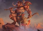 anthro armor axe bare_chest biped bottomwear chest_tattoo clothing curled_horn double_axe holding_axe holding_object horn kneeguards loincloth male mane markings mountain muscular muscular_anthro muscular_male nipples sky solo tattoo thick_neck joseph_weston european_mythology greek_mythology hasbro magic:_the_gathering mythology wizards_of_the_coast bovid bovine mammal minotaur 2022 hi_res official_art