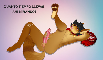 4_toes anthro anus biped blush brown_eyes claws collar dark erection feet genitals gradient_background guilty hair hand_behind_head humanoid_genitalia humanoid_penis looking_at_viewer lying male nude on_back open_mouth pawpads paws penis raised_leg red_collar simple_background soles solo text toe_claws toes tongue tongue_out youtuber furzone_(artist) gyo_karu khevin_(khazoo) canid canine canis domestic_dog mammal digital_media_(artwork) spanish_text translated
