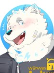 anthro bandage bandage_on_face blue_eyes blush clothing fur looking_at_viewer male neck_tuft solo topwear tuft vest white_body white_fur zipper nexusthelife lifewonders live_a_hero yohack canid canine canis domestic_dog mammal nordic_sled_dog samoyed spitz 3:4 bust_portrait hi_res portrait