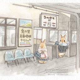 bottomwear clothed clothing duo eyes_closed female feral inside jacket kemono public railway_track scarf skirt text topwear veryberry lagomorph leporid mammal rabbit 1:1 hi_res japanese_text painting_(artwork) traditional_media_(artwork) watercolor_(artwork)