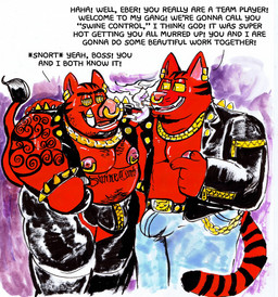 anthro bulge chain cigarette clothing detailed_bulge dialogue duo ear_piercing facial_piercing fur gold_(metal) gold_chain hypnosis leather leather_clothing male male/male mind_control nipple_piercing nipples nose_piercing overweight overweight_male piercing red_body red_fur ringed_eyes septum_piercing tattoo text tusk_ring tusks billy_fore marco_the_cat domestic_cat domestic_pig felid feline felis mammal suid suine sus_(pig) colored english_text hi_res