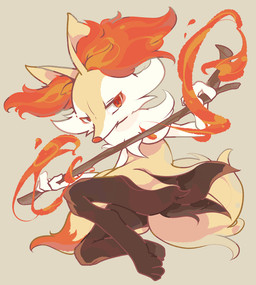 3_fingers 3_toes ambiguous_anthro ambiguous_gender anthro arm_tuft biped black_body black_fur cheek_tuft chest_tuft digitigrade dipstick_tail elemental_manipulation facial_tuft feet fingers fire fire_manipulation flat_chested fluffy fluffy_tail fur hip_tuft holding_object holding_stick inner_ear_fluff looking_at_viewer markings midair mouth_closed multicolored_body multicolored_fur nude_ambiguous nude_anthro orange_body orange_fur orange_inner_ear_fluff orange_nose orange_tail_tip pointy_ears prick_ears red_eyes shoulder_tuft side_view simple_background solo stick tail tail_markings tapering_snout toes tuft two_tone_tail white_body white_fur yellow_body yellow_fur yellow_tail hugehuge22esu nintendo pokemon braixen canid generation_6_pokemon mammal pokemon_(species) 2016 cel_shading colored digital_drawing_(artwork) digital_media_(artwork) full-length_portrait japanese_description portrait shaded translated_description