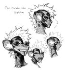 big_ears black_markings ear_piercing fangs forked_tongue hair inner_ear_fluff looking_at_viewer male markings multiple_angles open_mouth piercing scales side_view simple_background smile smiling_at_viewer solo teeth tongue tongue_out tuft maxspite eli_(maxspite) chimera humanoid hybrid 2024 digital_media_(artwork) headshot_portrait hi_res monochrome portrait sketch sketch_page