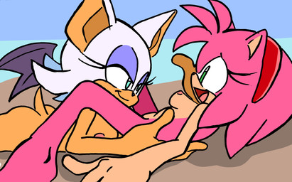 anthro beach bonnet breasts butt clothing female female/female headgear headwear imminent_cunnilingus imminent_oral lying nipples nude on_back on_front pink_body smile spread_legs spreading tail randomguy999 sega sonic_the_hedgehog_(series) amy_rose rouge_the_bat bat eulipotyphlan hedgehog mammal hi_res