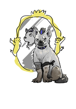 clothing collar ear_piercing eyebrow_piercing facial_piercing feral fur grey_body grey_fur hair half-closed_eyes looking_at_viewer looking_away male markings mirror multicolored_hair narrowed_eyes piercing simple_background sitting solo spots spotted_body spotted_fur topwear two_tone_hair mimizuku_kemo arknights hypergryph studio_montagne miss_christine_(arknights) spot_(arknights) hyena mammal spotted_hyena 2025 colored digital_drawing_(artwork) digital_media_(artwork) hi_res shaded