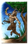 abs antlers areola armor armpit_hair body_hair bracers brown_body brown_fur brown_hair fur grass hair hooves horn humanoid_pointy_ears jewelry long_hair male muscular muscular_male nipples pecs plant pointy_ears raised_arm solo teeth tree kytheraoa celtic_mythology european_mythology mythology cernunnos deity humanoid satyr 2002 watermark