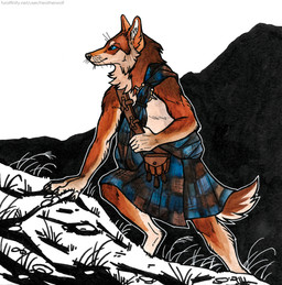 anthro blue_eyes bottomwear brown_body brown_fur cheek_tuft clothed clothing digitigrade facial_tuft fur grass kilt male male_anthro mouth_closed multicolored_body multicolored_fur neck_tuft orange_body orange_fur pattern_clothing plaid plaid_clothing plant solo standing tan_body tan_fur tuft heatherwolf canid canine canis coyote mammal 2023 hi_res partially_colored traditional_media_(artwork)