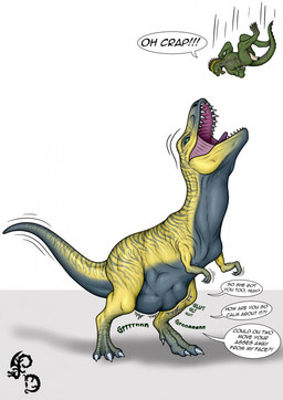 anthro anthro_prey belly big_belly black_arms black_belly black_stripes black_tail blonde_hair claws falling female female_pred feral feral_pred green_arms green_body green_eyes green_legs green_tail group hair open_mouth oral_vore rumbling_stomach simple_background speech_bubble stripes tail text vore white_background white_claws yellow_body yellow_legs yellow_tail dragonczech dinosaur prehistoric_species reptile saurischian scalie theropod tyrannosaurid tyrannosauroid tyrannosaurus tyrannosaurus_rex 2025 english_text hi_res watermark