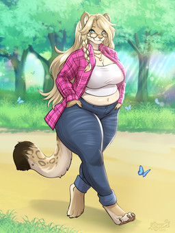 anthro barefoot big_breasts blue_eyes bottomwear breasts clothed clothing curvy_figure day denim denim_bottomwear denim_clothing eyewear feet female fur glasses hair hand_in_pocket huge_breasts jeans jewelry long_hair midriff necklace outside overweight overweight_anthro overweight_female pants plant pockets solo tail tan_body tan_fur text thick_thighs topwear tree unbuttoned voluptuous wide_hips tiggybloom arthropod butterfly felid insect leopard lepidopteran mammal pantherine 2026 artist_name hi_res watermark