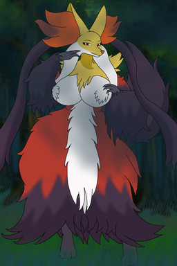 big_breasts breasts chest_tuft female pokemorph solo thick_thighs tuft wide_hips nintendo pokemon canid canine generation_9_pokemon mammal mega_delphox mega_evolution pokemon_(species) 2:3 hi_res