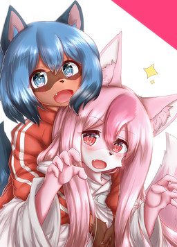 anthro blue_eyes blue_hair blush brown_body brown_fur clothing cute_fangs duo fangs female female_anthro fluffy fluffy_tail fur hair inner_ear_fluff long_hair looking_at_viewer open_mouth paw_pose pink_body pink_fur pink_hair pose red_eyes short_hair tail teeth translucent translucent_hair tuft horokusa0519 brand_new_animal studio_trigger michiru_kagemori nazuna_hiwatashi canid canine fox mammal raccoon_dog tanuki 2020 hi_res