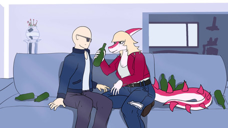 alcohol anthro bald beer_bottle beverage blonde_hair blue_clothing blue_jacket blue_topwear bodily_fluids bone_frill bottle bottomwear clenched_teeth clothed clothed_anthro clothed_female clothed_human clothed_male clothing container crying denim denim_bottomwear denim_clothing detailed_background distressed drinking duo eyewear female fingers frill_(anatomy) front_view frown furniture grey_bottomwear grey_clothing grey_pants hair human_on_anthro humanoid_hands inside interspecies jacket jeans long_hair long_tail looking_at_another looking_down male male/female open_clothing open_jacket open_topwear pants pink_body red_clothing red_jacket red_topwear sad shirt shirt_grab sitting sofa spiked_tail spikes spikes_(anatomy) sunglasses tail tears teeth topwear torn_bottomwear torn_clothing torn_pants white_body white_clothing white_shirt white_topwear wiping_face sebek_fereh_ra cavemanon_studios i_wani_hug_that_gator inco_(iwhtg) mia_moretti dinosaur hadrosaurid human mammal ornithischian ornithopod parasaurolophus prehistoric_species reptile scalie 16:9 animated colored hi_res no_sound shaded short_playtime webm widescreen