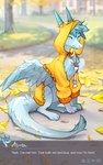 ambiguous_gender blue_body blue_fur chest_tuft claws clothed clothed_feral clothing cute_fangs detailed_background eyes_closed feathered_wings feathers feral fur furgonomics hoodie horn leaves_on_ground outside plant sitting smile solo tail text topwear torn_clothing tree tuft wings 2d10 mythology dragon furred_dragon furred_scalie mythological_creature mythological_scalie scalie english_text hi_res female_(lore)