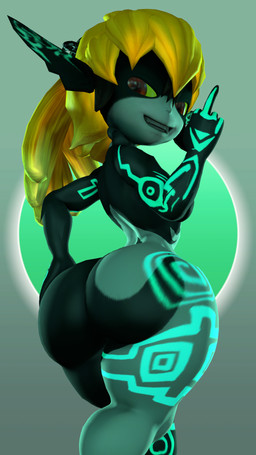 5_fingers big_butt black_body black_skin breasts butt curvy_figure featureless_breasts female fingers gesture glowing glowing_markings gradient_background hair hand_gesture hand_on_butt hand_on_own_butt huge_butt long_ears markings middle_finger multicolored_body multicolored_skin orange_hair ponytail red_eyes shortstack shortstack_female simple_background solo thick_thighs white_body white_skin wide_hips yellow_sclera thevestige kabalmystic_(modeler) nintendo the_legend_of_zelda twilight_princess midna humanoid imp twili 2026 3d_(artwork) 9:16 digital_media_(artwork) hi_res source_filmmaker_(artwork)