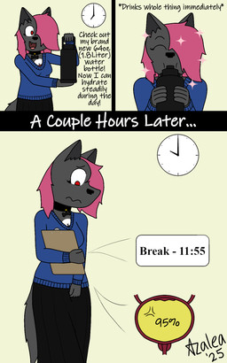 anthro bathroom_denial beverage bladder bodily_fluids clothing cutaway desperation dialogue female genital_fluids internal liquid omorashi organs text urine urine_meter flamingazalea alexandra_fire_(flamingazalea) canid canine canis mammal wolf 2025 5:8 comic english_text hi_res trans_(lore) trans_woman_(lore)