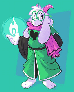 3_toes 4_fingers anthro blue_background clothing elemental_manipulation eyewear feet fingers fire fire_manipulation fur glasses green_clothing hand_behind_back horn magic male mouth_closed no_shoes scarf simple_background solo toes wearing_glasses white_body white_fur boot_(artist) deltarune undertale_(series) ralsei darkner 2025 hi_res