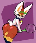 anthro backsack ball balls big_butt butt eyelashes fingers fur genitals looking_at_viewer looking_back male medal multicolored_body multicolored_fur nude rear_view red_body red_eyes red_fur simple_background smile smiling_at_viewer solo teeth tennis_racket thick_thighs two_tone_body two_tone_fur visor white_body white_fur zantanerz nintendo pokemon cinderace generation_8_pokemon lagomorph leporid mammal pokemon_(species) rabbit 2022 digital_media_(artwork) hi_res shaded