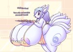 anthro apron areola big_breasts big_butt blue_hair blush breasts butt clothing cookie exclamation_point female food hair handwear holding_tray huge_breasts huge_butt huge_thighs hyper hyper_breasts looking_at_viewer nipple_outline open_mouth oven_mitts pupils purple_areola purple_eyes solo text thick_thighs tray white_body huztar canid canine fox mammal english_text hi_res