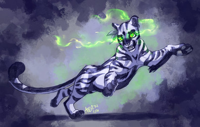 black_body black_fur black_stripes feather_accessory female feral fur glowing glowing_eyes green_eyes grey_body grey_fur grey_inner_ear grey_nose grey_pawpads grey_tongue looking_at_viewer open_mouth pawpads simple_background solo striped_body striped_fur stripes tail teeth tongue panthera_arven marble_leopard felid leopard mammal pantherine 2021 dated digital_media_(artwork) hi_res shaded signature