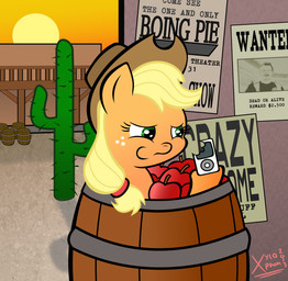 apple barrel blonde_hair building cactus chewing clothing cowboy_hat currency_symbol desert dollar_sign eating electronics eyewear female feral food freckles fruit fur glasses green_eyes hair hat headgear headwear looking_at_viewer male orange_body orange_fur outside plant portable_music_player poster shirt sky smile solo sun symbol text topwear wanted_poster xylophon apple_inc. friendship_is_magic hasbro ipod my_little_pony applejack_(mlp) earth_pony equid equine horse human mammal pony 2013 english_text hi_res
