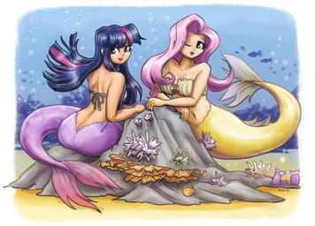 alternate_species bare_shoulders bra clothing duo female hair long_hair looking_at_viewer looking_back looking_back_at_viewer one_eye_closed pink_hair purple_body purple_scales purple_tail scales sea seabed seashell_bra sitting smile split_form strapless_bra strapless_clothing strapless_underwear tail underwater underwear water wink winking_at_viewer yellow_body yellow_scales yellow_tail king-kakapo friendship_is_magic hasbro mermay my_little_pony fluttershy_(mlp) twilight_sparkle_(mlp) ambient_coral ambient_fish ambient_sealife aquatic humanoid_merfolk merfolk 2019 hi_res