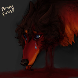 ambiguous_gender blood blood_puddle blue_eyes bodily_fluids crying feral gore licking_blood solo tears vent_art wounded puppy_meats rottingxrooster rooster_(rottingxrooster) canid canine canis domestic_dog mammal 1:1 hi_res