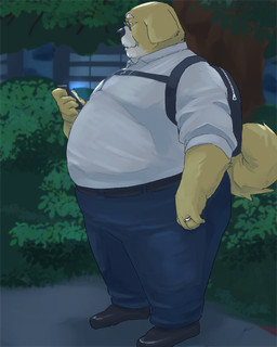 anthro backpack belly big_belly bottomwear cellphone clothing detailed_background electronics eyewear facial_hair glasses kemono male mature_male mustache night outside overweight overweight_male pants phone plant shirt smartphone solo topwear tree o_miso_n canid canine canis domestic_dog mammal 2025 4:5 hi_res