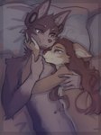 5_fingers anthro bed breasts brown_body brown_eyes brown_fur brown_hair countershade_torso countershading duo ear_piercing eye_contact female fingers fur furniture gauged_ear green_eyes hair inner_ear_fluff inside looking_at_another lying lying_on_bed male nude nude_anthro nude_female nude_male on_back on_bed piercing pillow smile tuft yshanii cotton_(yshanii) tinygaypirate_(fursona) canid canine canis dingo domestic_dog mammal 2025 digital_media_(artwork) hi_res
